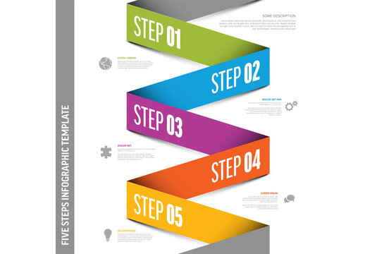 Five color stripe folded paper steps process infographic