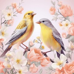 Obraz premium Pair of yellow birds in spring nature. Pastel color style in pink tones - Generative AI
