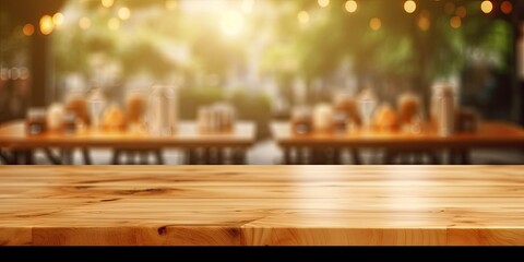 Coffee Shop. Wooden Table in Beautiful Blurred Restaurant Background