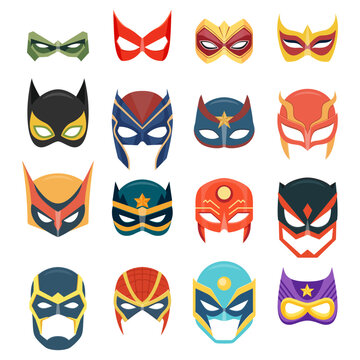 Vector Super Hero Masks Set in Flat Style. Face Character, Superhero Comic Book Mask Collection. Superhero Photo Props, Women and Men Masks, Carnival Glasses Isolated on White