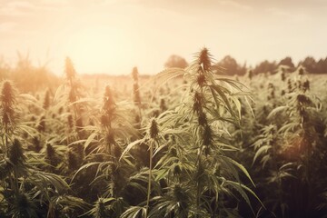 Several marijuana plants growing in a field from generative ai