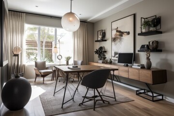 a home office with sleek, modern furnishings and carefully curated accents, created with generative ai
