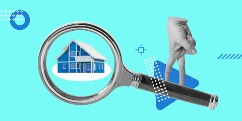 Real estate search, rentals, real estate services, locating. House behind a magnifying glass and a...