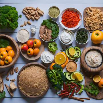 The Dash Diet is the American version of the Mediterranean diet. Flat lay, top view. Generative Artificial Intelligence