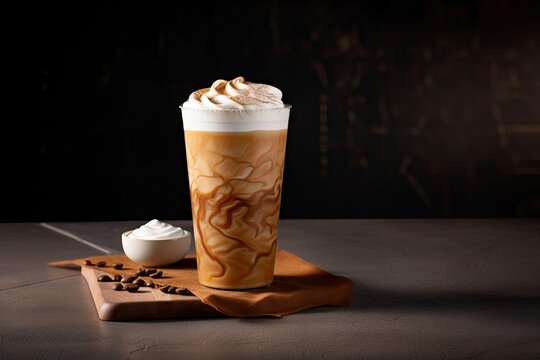 iced coffee latte, featuring a swirl of milk and creamy foam on top, created with generative ai