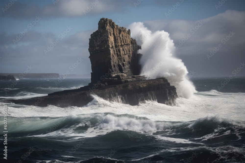 Sticker sea stack jutting out of the water, surrounded by crashing waves, created with generative ai