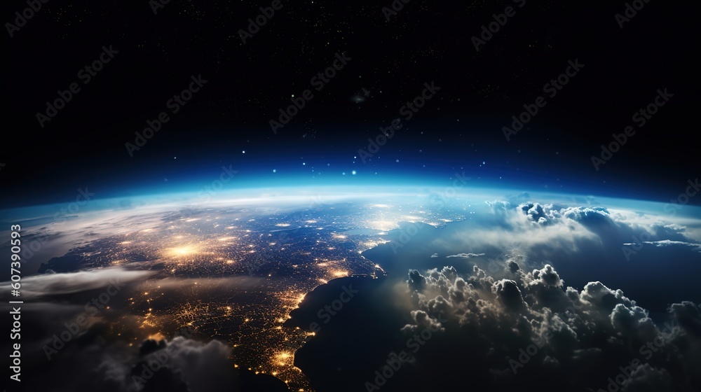 Poster planet earth half night and half day with city lights and clouds in space with stars. generative ai