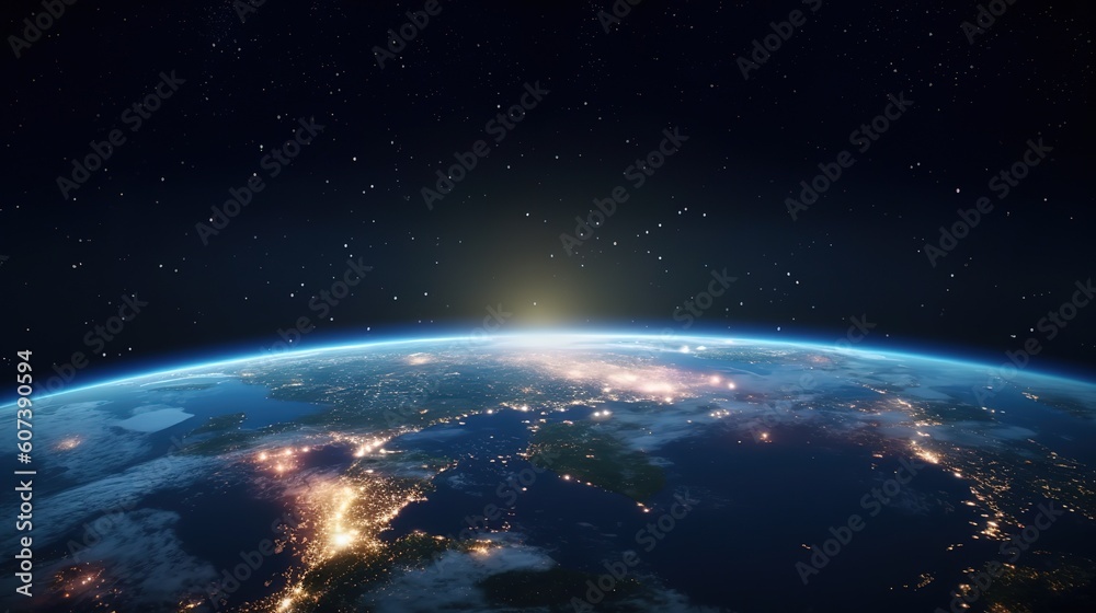 Poster planet earth half night and half day with city lights and clouds in space with stars. generative ai