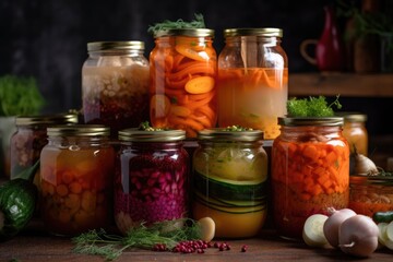 Fototapeta na wymiar glass jar filled with various fermented vegetables, each with its own unique flavor, created with generative ai
