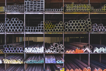 Various shape of many different steel bars and tubes on storage shelf of building supply store