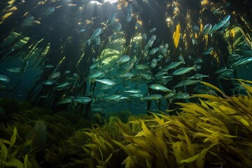 Fototapeta na wymiar school of fish swimming through kelp forest, their movements causing subtle ripples, created with generative ai
