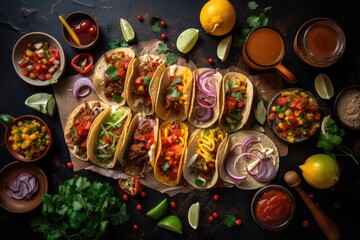 Fototapeta premium seamless delivery order of tacos with variety of salsas and garnishes, created with generative ai