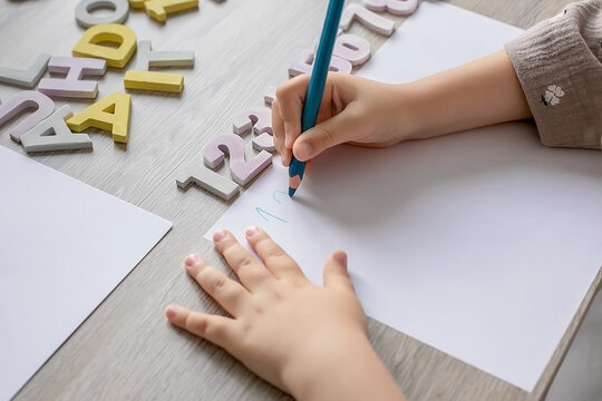 little girl learning numbers. kids learn to write. of child holding pencil and study with learning writing number on paper book at school or kindergarten and nursery.