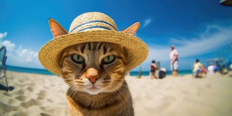 cat sunbath at beach with generative ai