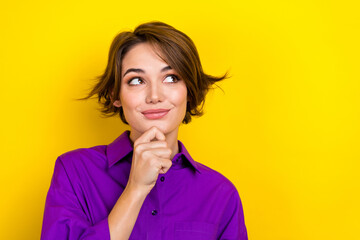 Photo of cute lady have startup idea look side empty space arm on chin wear violet office blouse...