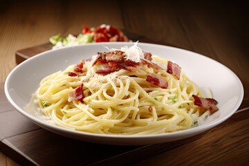 warm plate of spaghetti carbonara topped with crispy bacon, created with generative ai