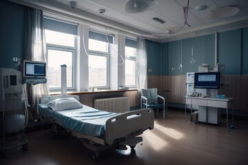 hospital room, with diagnostic equipment in view and ai-driven iv drip visible, created with generative ai