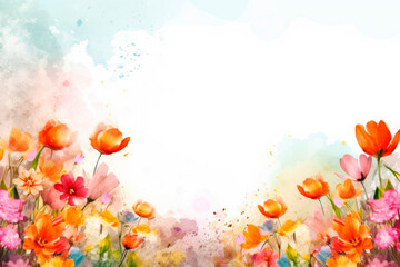 Background with spring flowers.Copy space.AI generated.