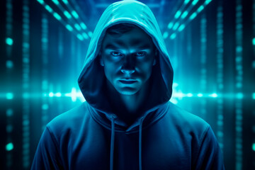 Hacker standing in server room.Cybersecurity vulnerability.AI generated.