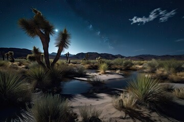 nighttime desert scene, with a full moon and starry sky above the oasis, created with generative ai