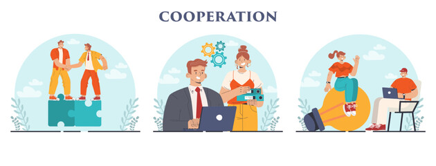 Cooperation concept set. Collaboration and teamwork. Office characters