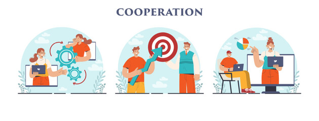 Cooperation concept set. Collaboration and teamwork. Office characters