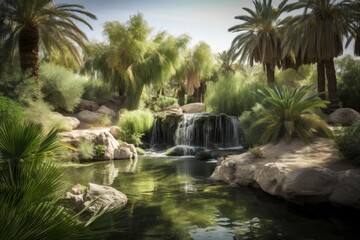 Fototapeta premium oasis with waterfall and lush greenery in the desert, created with generative ai
