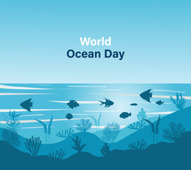  World oceans day design with underwater ocean, shark, coral, sea plants, stingray and turtle. 8 June world ocean day banner, poster, card. Vector illustration.
