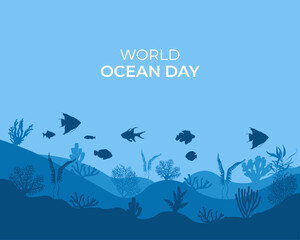  World oceans day design with underwater ocean, shark, coral, sea plants, stingray and turtle. 8 June world ocean day banner, poster, card. Vector illustration.

