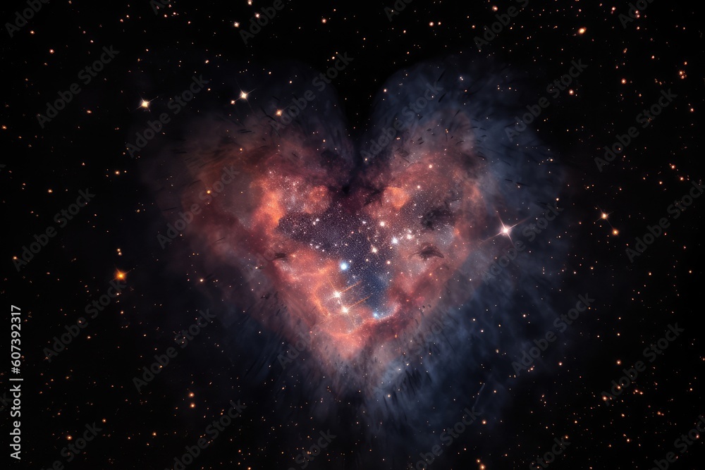 Poster heart-shaped nebula with starburst of shooting stars, created with generative ai