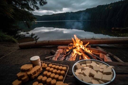 campfire with (s'mores, marshmallows and graham crackers for roasting) next to lakeside cabin, created with generative ai