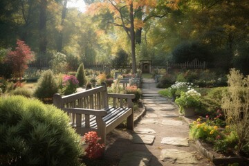 quaint cemetery with blooming gardens and wooden benches, a peaceful place of reflection, created with generative ai