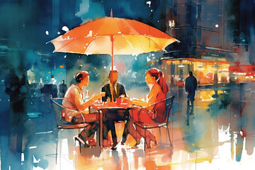 Watercolor modern painting: A company of people sit at cafe tables in the evening. Lighting with electric light. generative AI