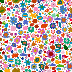 Seamless pattern with simple different colorful flowers. Variety of decorative garden florals in gouache style. Vector illustration