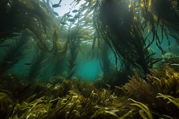 close-up of kelp forest with schools of fish swimming among the fronds, created with generative ai - obrazy, fototapety, plakaty