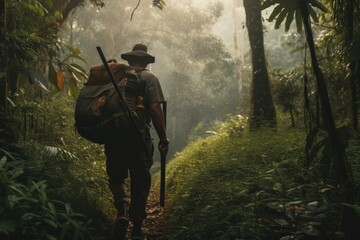 adventure traveler making their way through dense jungle, with backpack on their back and machete in hand, created with generative ai - obrazy, fototapety, plakaty