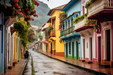 Architecture of South America's colonial towns, with their charming cobblestone streets, ornate balconies, and traditional tile roofs, unique blend of European influences, Generated AI