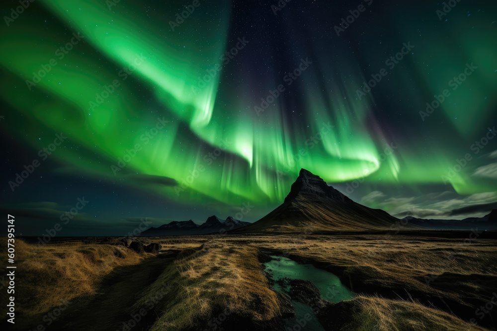 Wall mural northern lights, aurora borealis, iceland, north pole, solar storm, green curtain, stunning scenic l