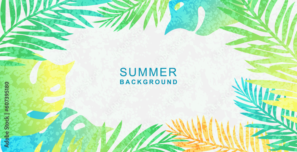 Wall mural summer abstract background with tropical leaves. texture and gradient of green, blue and yellow colo - Wall murals