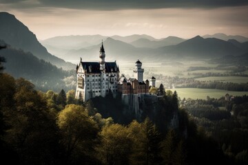 Fototapeta premium German Castle in Schwangau Germany Scenic Landscape Wallpaper, International European Travel, Generative AI