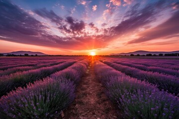 lavender field with dramatic sunset, the sky bursting into color, created with generative ai