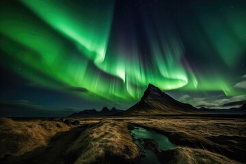 Northern Lights, Aurora Borealis, Iceland, North Pole, Solar Storm, Green Curtain, Stunning Scenic Landscape Wallpaper, Generative AI
