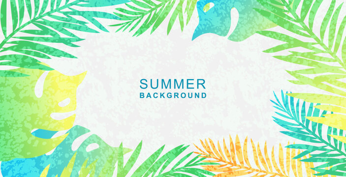 Summer abstract background with tropical leaves. Texture and gradient of green, blue and yellow colors. Beach and jungle theme, summer holidays, vacation, travel. Vector horizontal frame template 