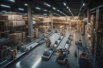 intersection of busy warehouse, with material handling and palletizing robots moving products in every direction, created with generative ai