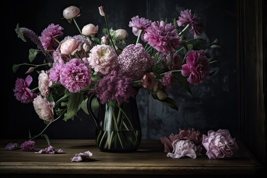 Mauve And Pink Flowers In Vase On Dark Wooden Table, Created With Generative Ai