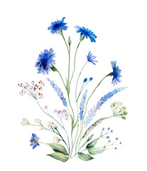 Watercolor blue cornflowers and wildflowers bouquet, summer wedding isolated illustration