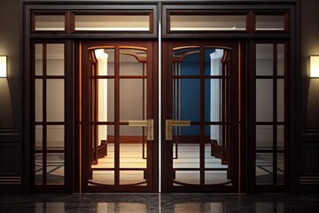 pair of double doors, with glass panels, leading into hotel lobby or office building, created with generative ai