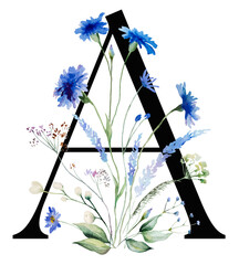 Black letter A with watercolor blue cornflowers and wildflowers bouquet, Summer wedding element