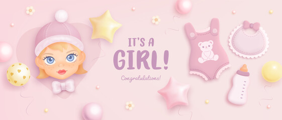 Baby shower horizontal banner, invitation or greeting card with cartoon girl, bib, bottle and helium balloons on gradient background. It's a girl. Vector illustration