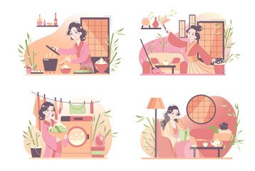 Daily routine of an asian woman set. Japanese housewife chores